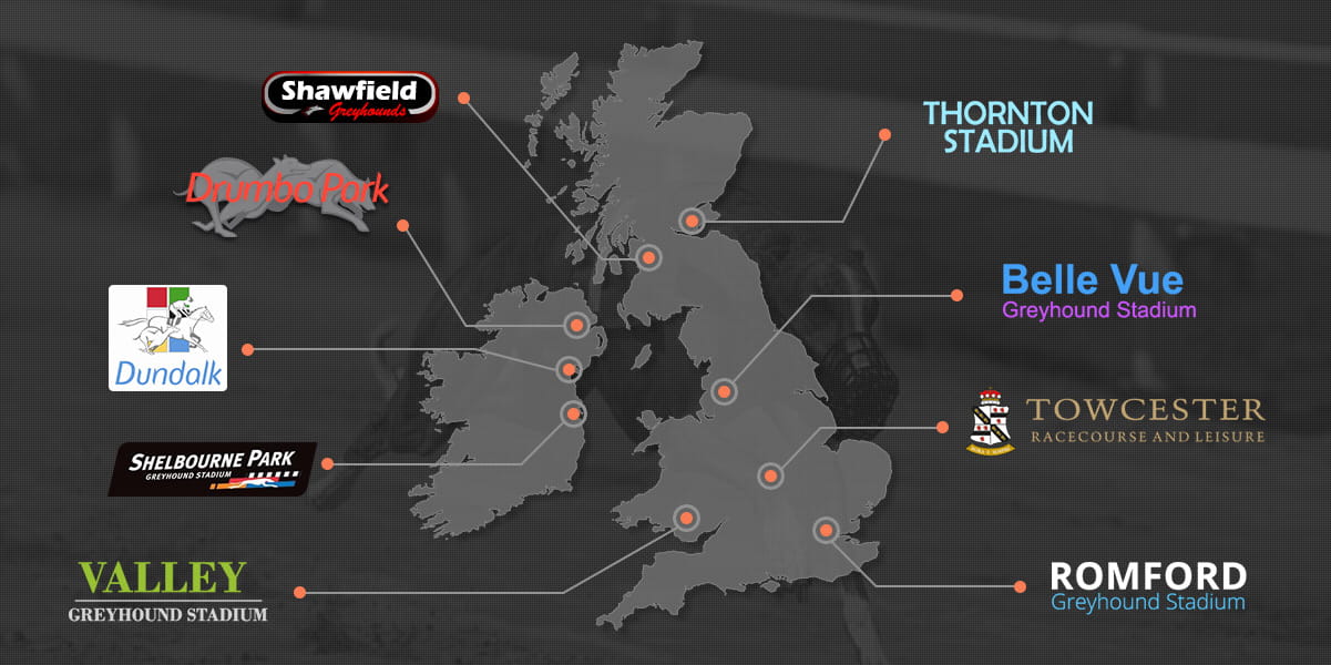 A map of the British Isles highlighting the locations of the nine major greyhound racing tracks